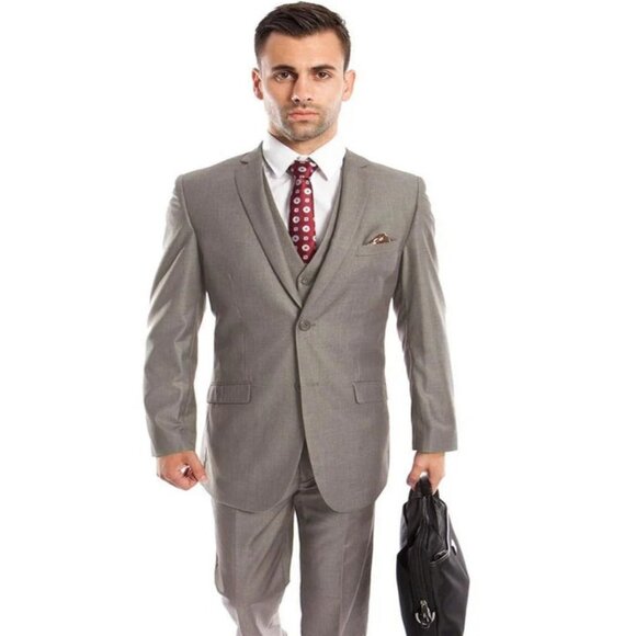 Light Grey Suit - Silver Gray Suit For Wedding - Men's Two Button Slim Fit Basic - Picture 1 of 4